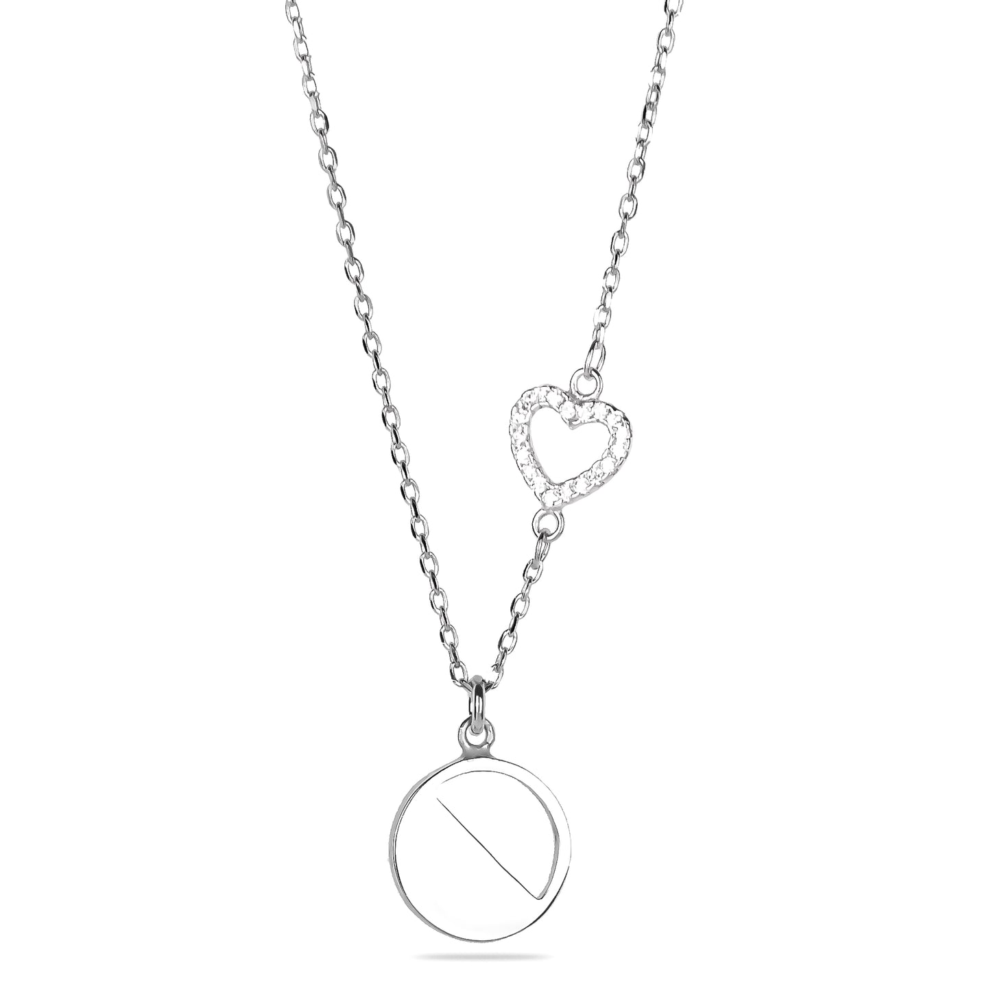 Coin with Pave Heart Necklace In Silver