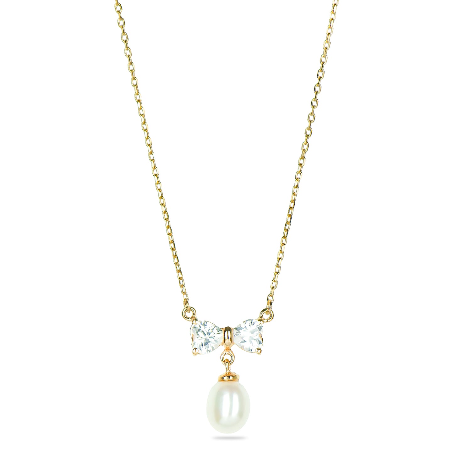 Bow Charm Pearl Pendant Necklace in Rose Gold